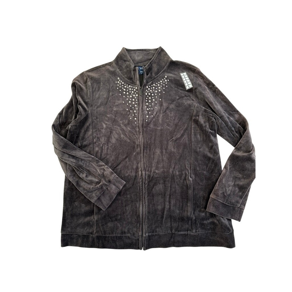 Basic Editions Womens Velour Zip Up Jacket Gray Rhinestone Embellished Size L